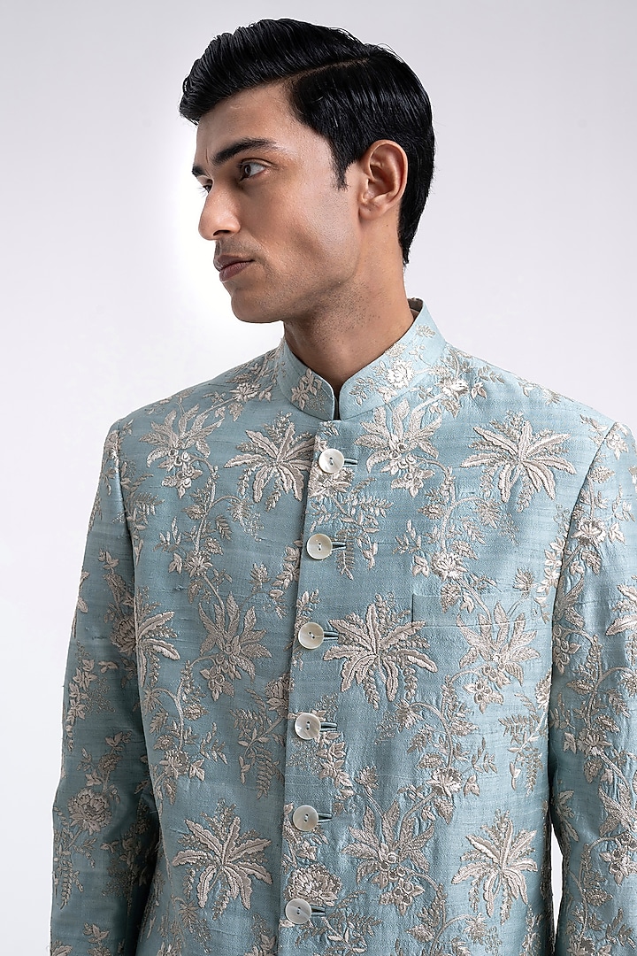 Powder Blue Silk Zari Embroidered Groom Sherwani Set by Dhruv Vaish at Pernia's Pop Up Shop