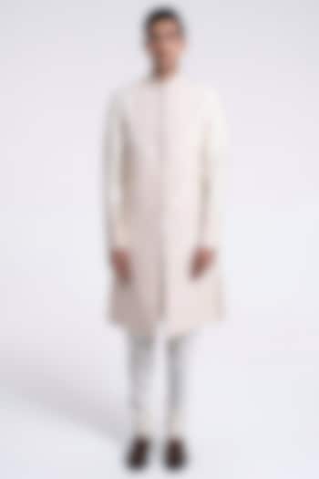 Cream Silk Embroidered Sherwani Set by Dhruv Vaish