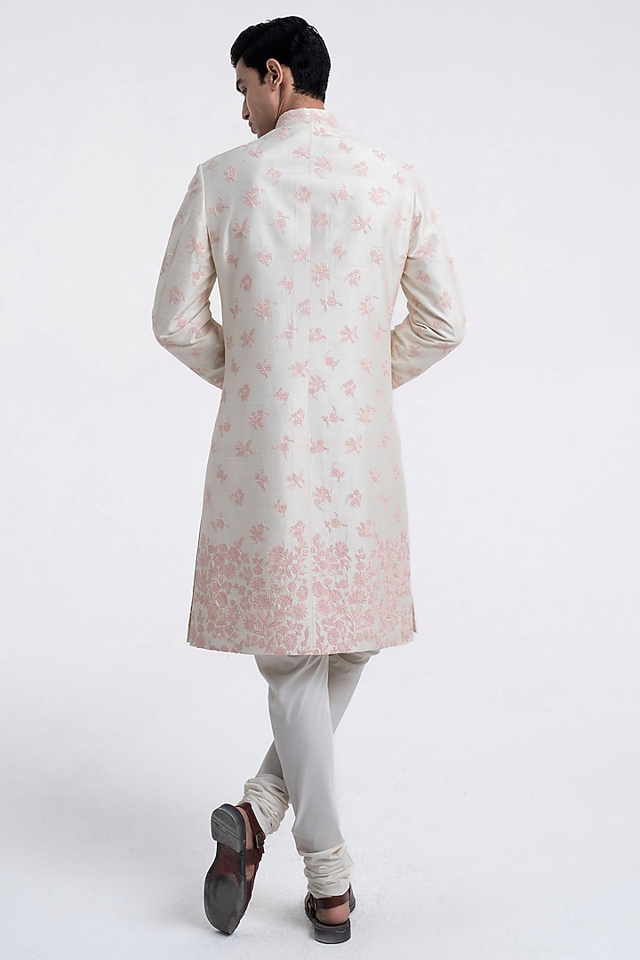 Cream Silk Embroidered Groom Sherwani Set by Dhruv Vaish at Pernia's Pop Up Shop