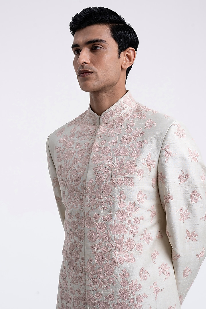 Cream Silk Embroidered Groom Sherwani Set by Dhruv Vaish at Pernia's Pop Up Shop