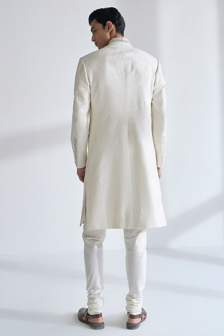 Ivory Silk Embroidered Groom Sherwani Set by Dhruv Vaish at Pernia's Pop Up Shop