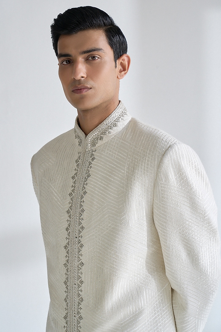 Ivory Silk Embroidered Groom Sherwani Set by Dhruv Vaish at Pernia's Pop Up Shop