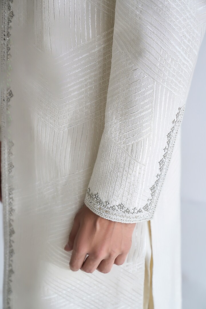 Ivory Silk Embroidered Groom Sherwani Set by Dhruv Vaish at Pernia's Pop Up Shop