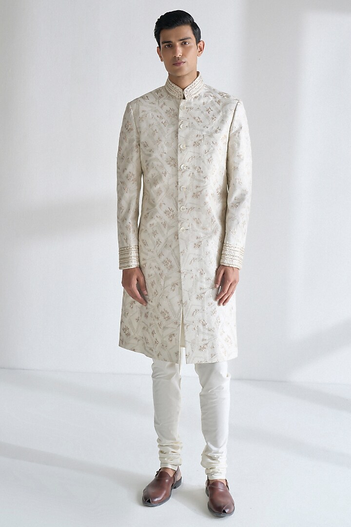 Ivory Silk Embroidered Groom Sherwani Set by Dhruv Vaish at Pernia's Pop Up Shop