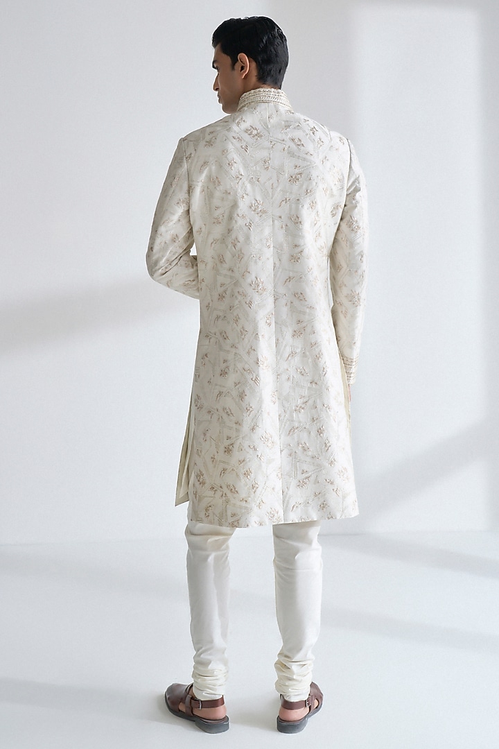 Ivory Silk Embroidered Groom Sherwani Set by Dhruv Vaish at Pernia's Pop Up Shop