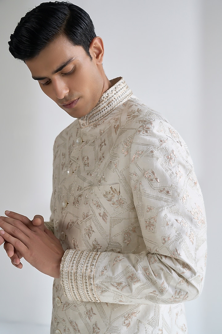 Ivory Silk Embroidered Groom Sherwani Set by Dhruv Vaish at Pernia's Pop Up Shop
