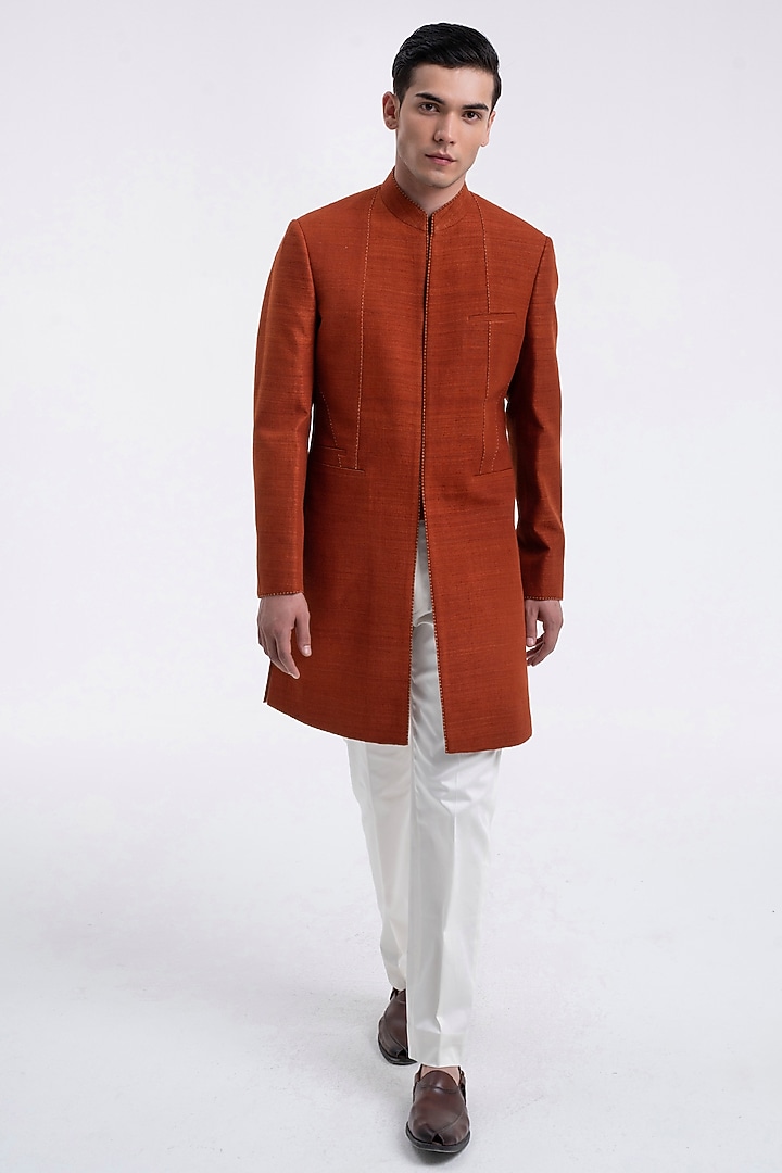 Burnt Orange Silk Thread Embroidered Sherwani Set by Dhruv Vaish