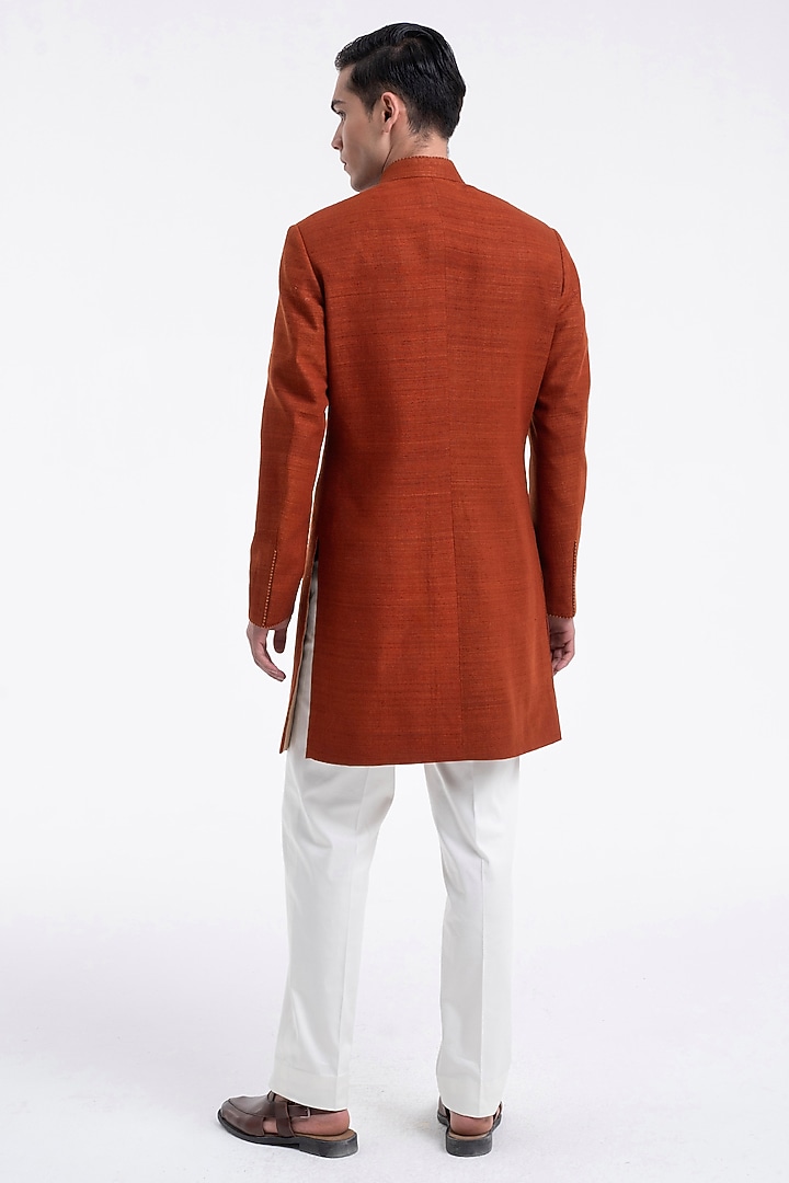 Burnt Orange Silk Thread Embroidered Wedding Sherwani Set by Dhruv Vaish at Pernia's Pop Up Shop