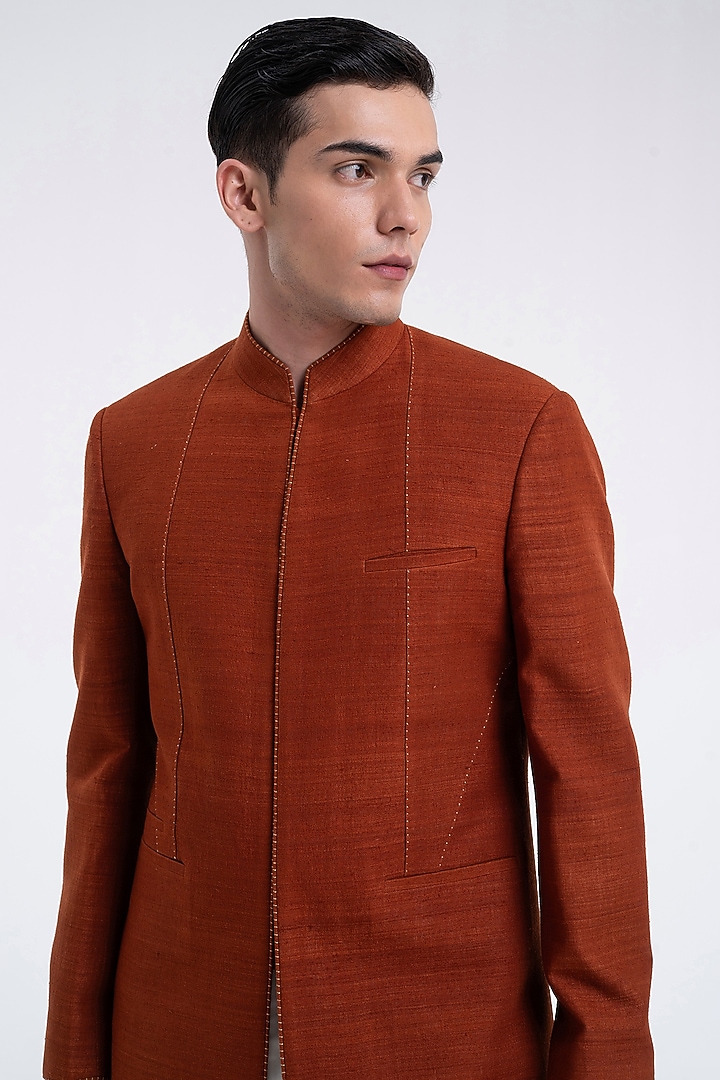 Burnt Orange Silk Thread Embroidered Wedding Sherwani Set by Dhruv Vaish at Pernia's Pop Up Shop