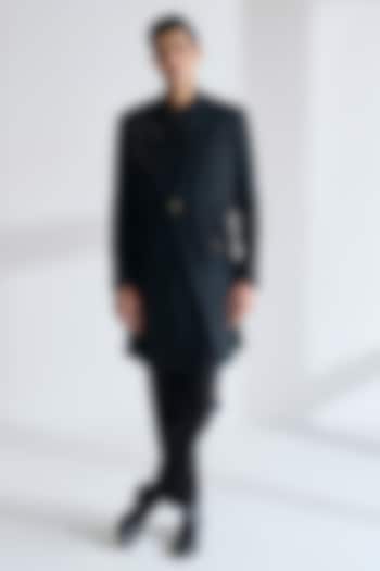 Black Silk Hand Embroidered Sherwani Set by Dhruv Vaish