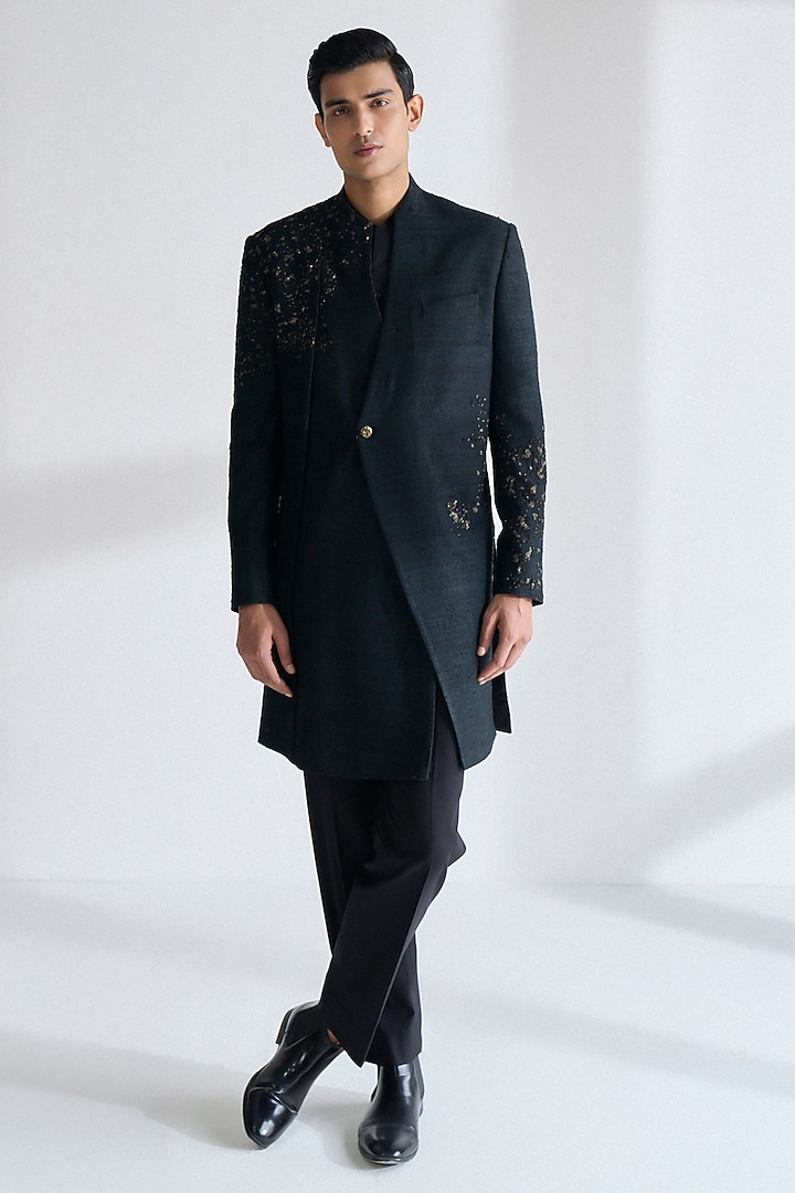 Black Silk Hand Embroidered Sherwani Set by Dhruv Vaish