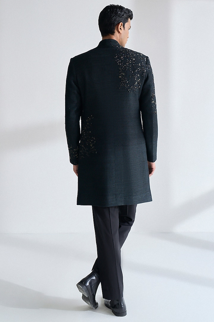 Black Silk Hand Embroidered Groom Sherwani Set by Dhruv Vaish at Pernia's Pop Up Shop