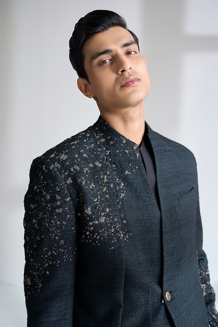 Black Silk Hand Embroidered Groom Sherwani Set by Dhruv Vaish at Pernia's Pop Up Shop