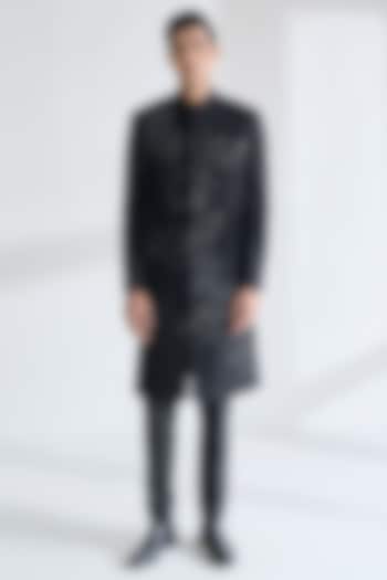 Black Silk Hand Embroidered Sherwani Set by Dhruv Vaish