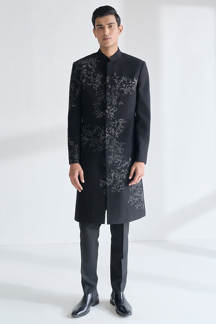 Black Silk Hand Embroidered Sherwani Set by Dhruv Vaish