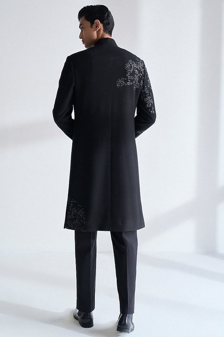 Black Silk Hand Embroidered Groom Sherwani Set by Dhruv Vaish at Pernia's Pop Up Shop