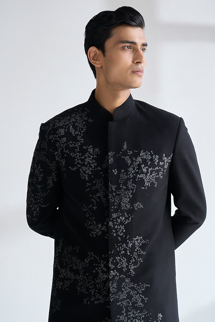 Black Silk Hand Embroidered Groom Sherwani Set by Dhruv Vaish at Pernia's Pop Up Shop