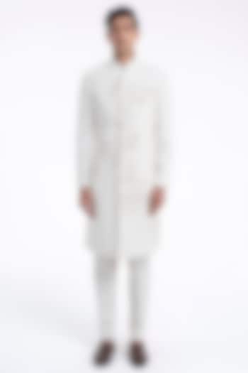 Ivory Silk Hand Embroidered Sherwani Set by Dhruv Vaish