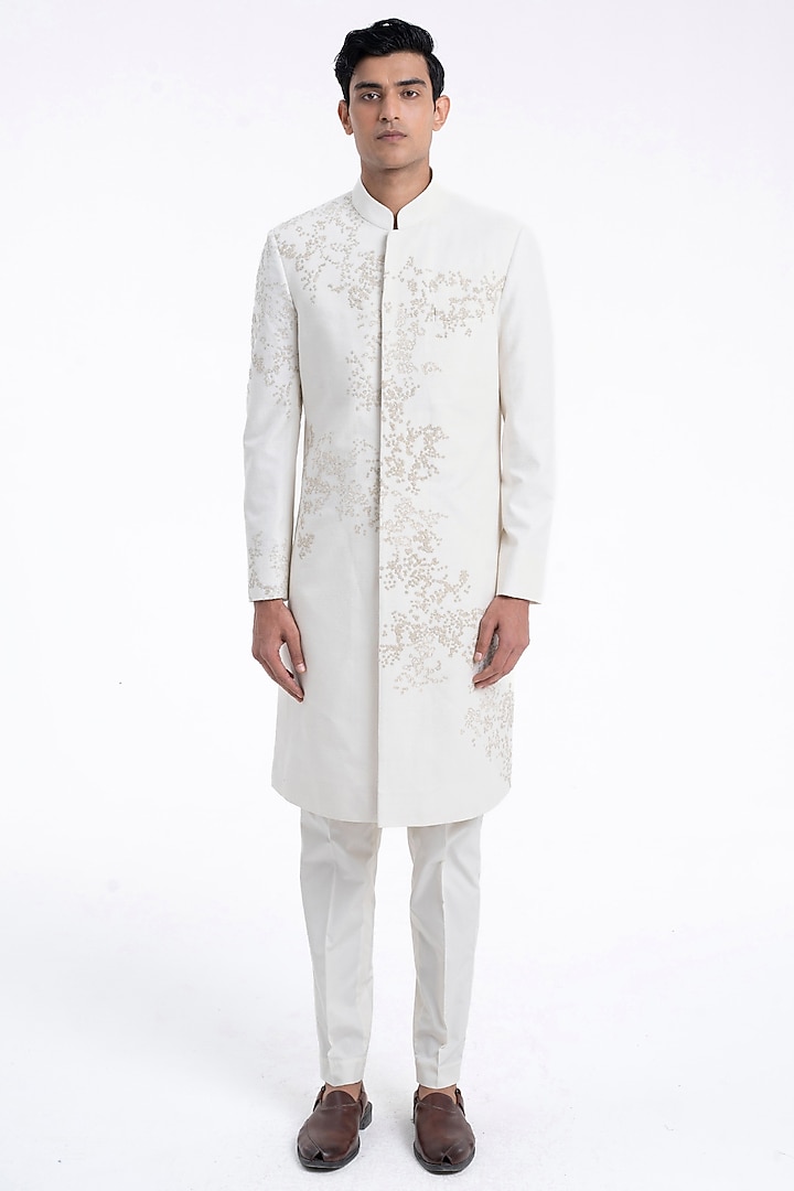 Ivory Silk Hand Embroidered Sherwani Set by Dhruv Vaish