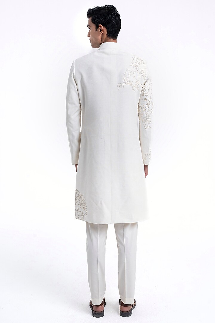 Ivory Silk Hand Embroidered Groom Sherwani Set by Dhruv Vaish at Pernia's Pop Up Shop