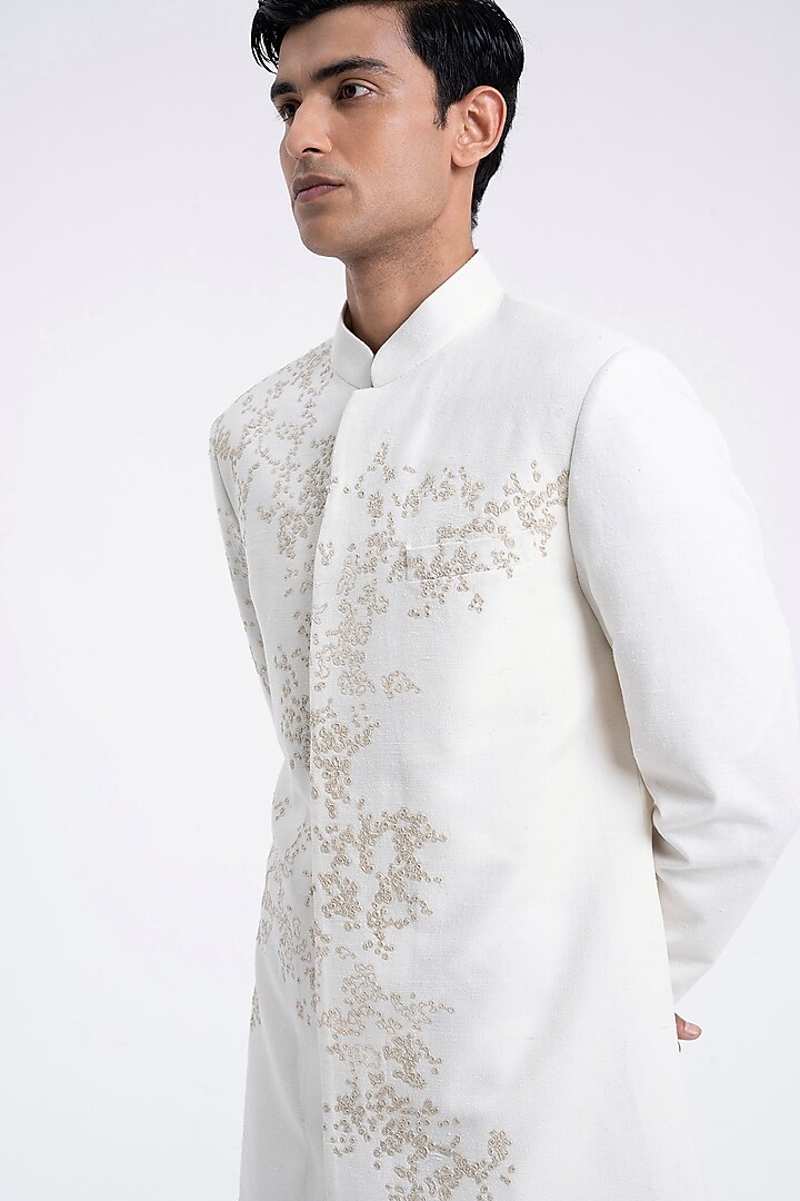 Ivory Silk Hand Embroidered Groom Sherwani Set by Dhruv Vaish at Pernia's Pop Up Shop