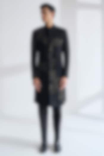 Black Silk Hand Embroidered Sherwani Set by Dhruv Vaish