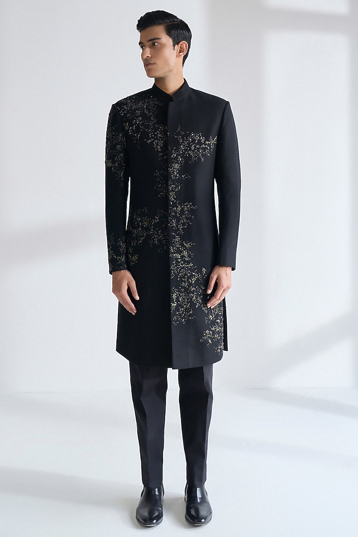 Black Silk Hand Embroidered Sherwani Set by Dhruv Vaish
