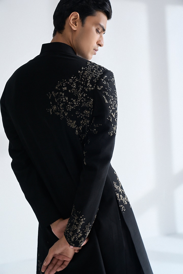 Black Silk Hand Embroidered Groom Sherwani Set by Dhruv Vaish at Pernia's Pop Up Shop