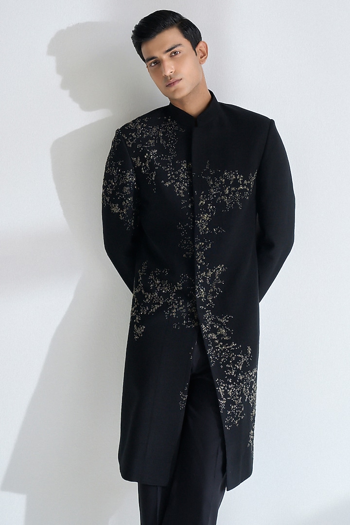 Black Silk Hand Embroidered Groom Sherwani Set by Dhruv Vaish at Pernia's Pop Up Shop