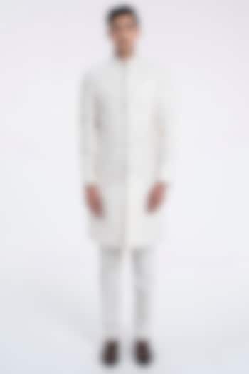 Ivory Silk Hand Embroidered Sherwani Set by Dhruv Vaish