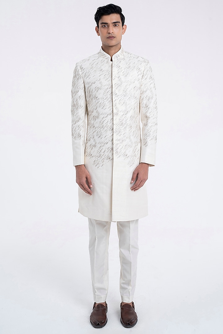 Ivory Silk Hand Embroidered Sherwani Set by Dhruv Vaish