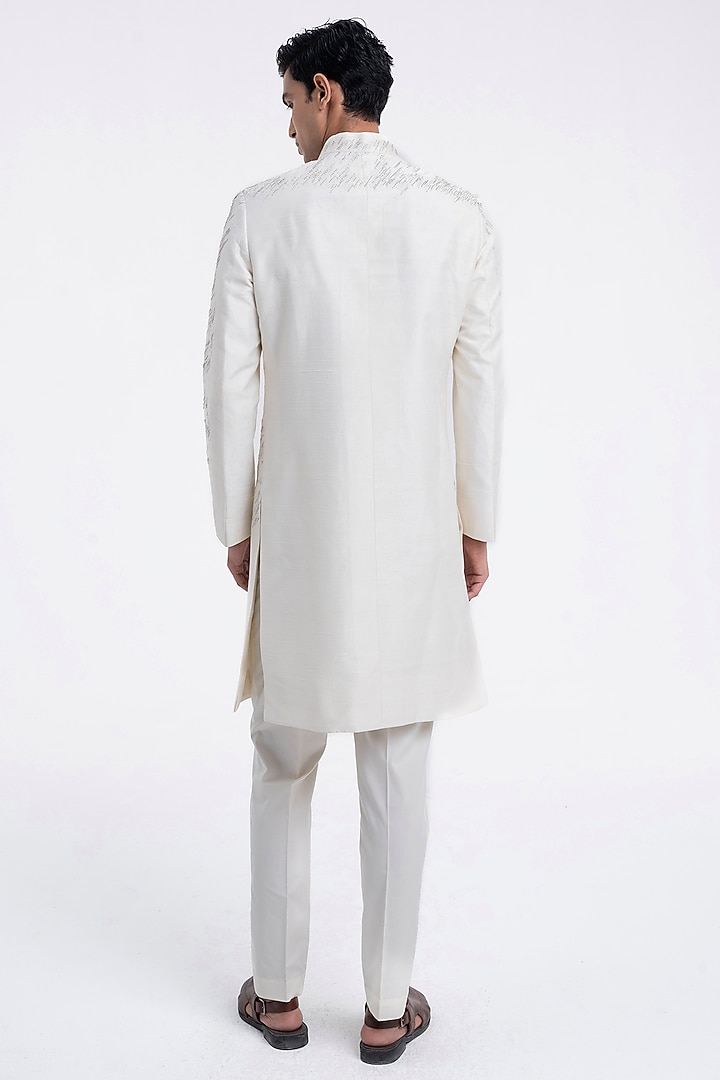 Ivory Silk Hand Embroidered Groom Sherwani Set by Dhruv Vaish at Pernia's Pop Up Shop