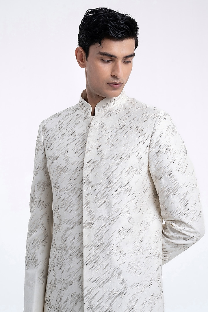 Ivory Silk Hand Embroidered Groom Sherwani Set by Dhruv Vaish at Pernia's Pop Up Shop