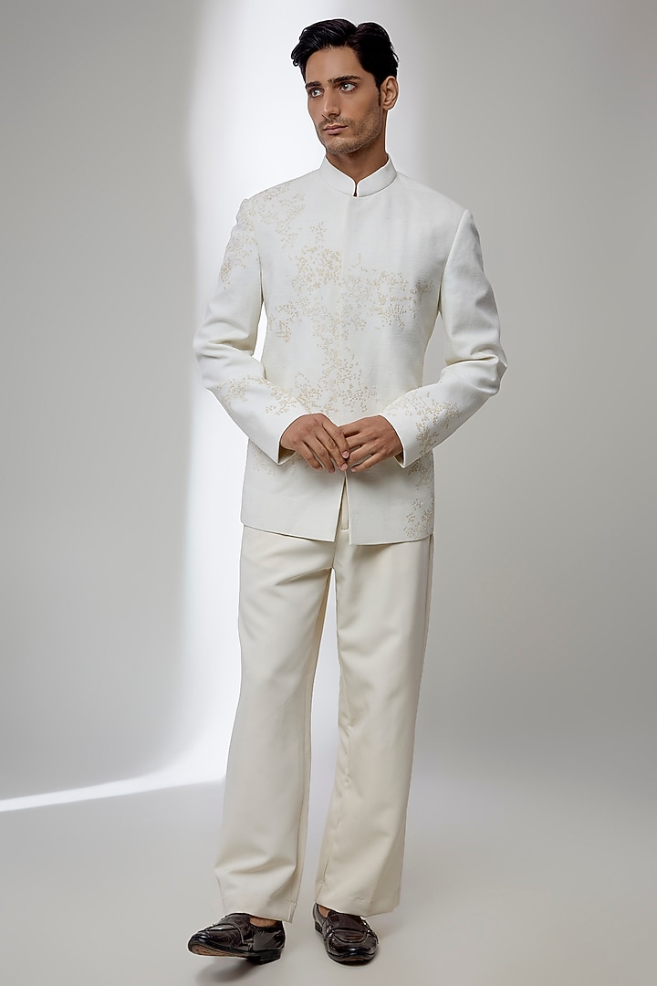 Ivory Silk Wedding Bandhgala by Dhruv Vaish at Pernia's Pop Up Shop