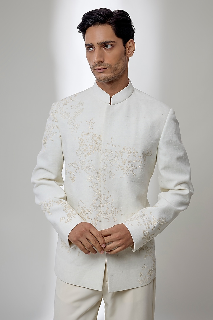 Ivory Silk Wedding Bandhgala by Dhruv Vaish at Pernia's Pop Up Shop