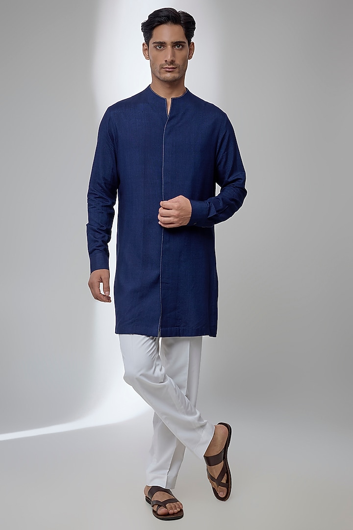 Navy Blue Silk Kurta Set by Dhruv Vaish at Pernia's Pop Up Shop