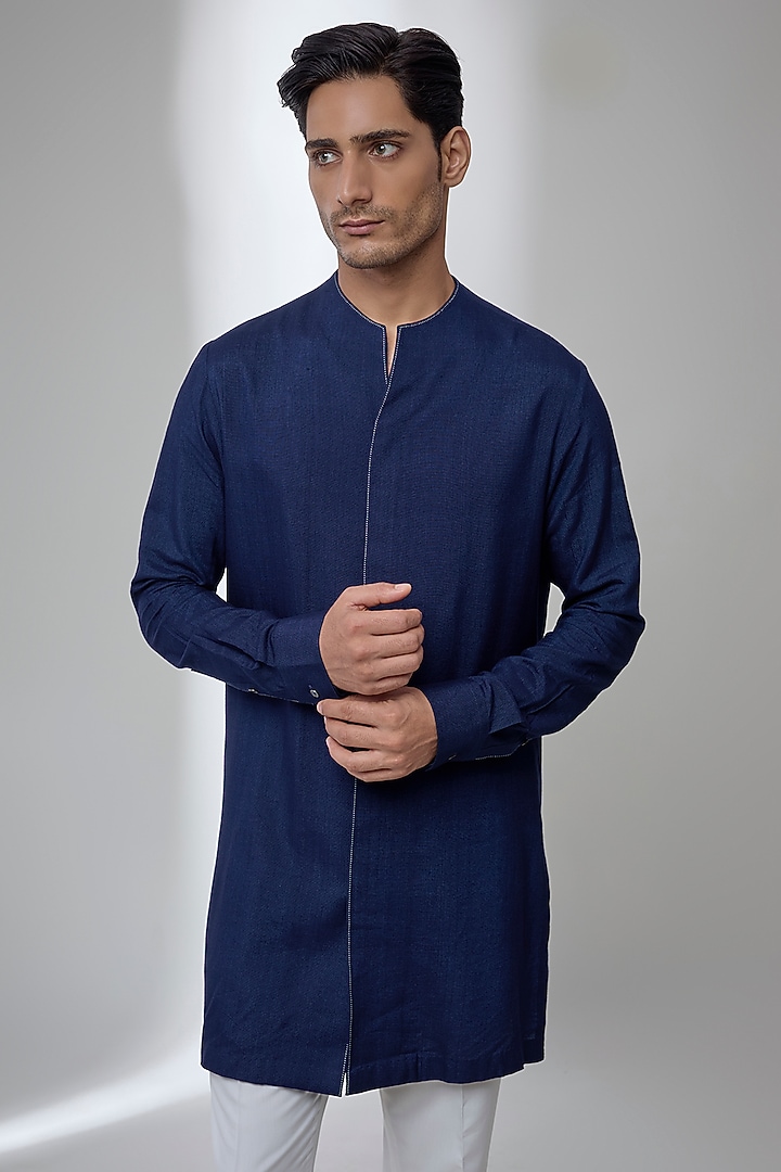 Navy Blue Silk Kurta Set by Dhruv Vaish at Pernia's Pop Up Shop