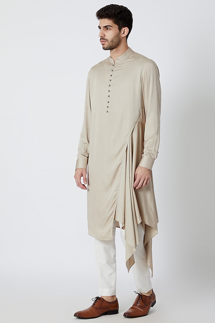 Light Beige Draped & Flared Kurta by Dhruv Vaish