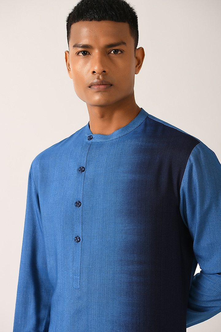 Indigo Blue Cotton Silk Dip-Dye Printed Kurta Set by Dhruv Vaish at Pernia's Pop Up Shop