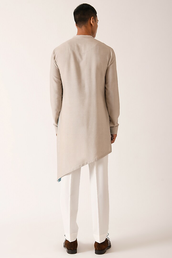 Aqua Mist Cotton Silk Printed Asymmetric Kurta Set by Dhruv Vaish at Pernia's Pop Up Shop