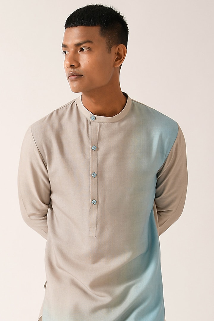 Aqua Mist Cotton Silk Printed Asymmetric Kurta Set by Dhruv Vaish at Pernia's Pop Up Shop