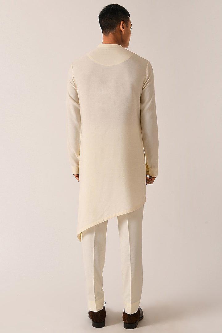 Cream Mustard Cotton Silk Dip-Dye Printed Asymmetric Kurta Set by Dhruv Vaish at Pernia's Pop Up Shop