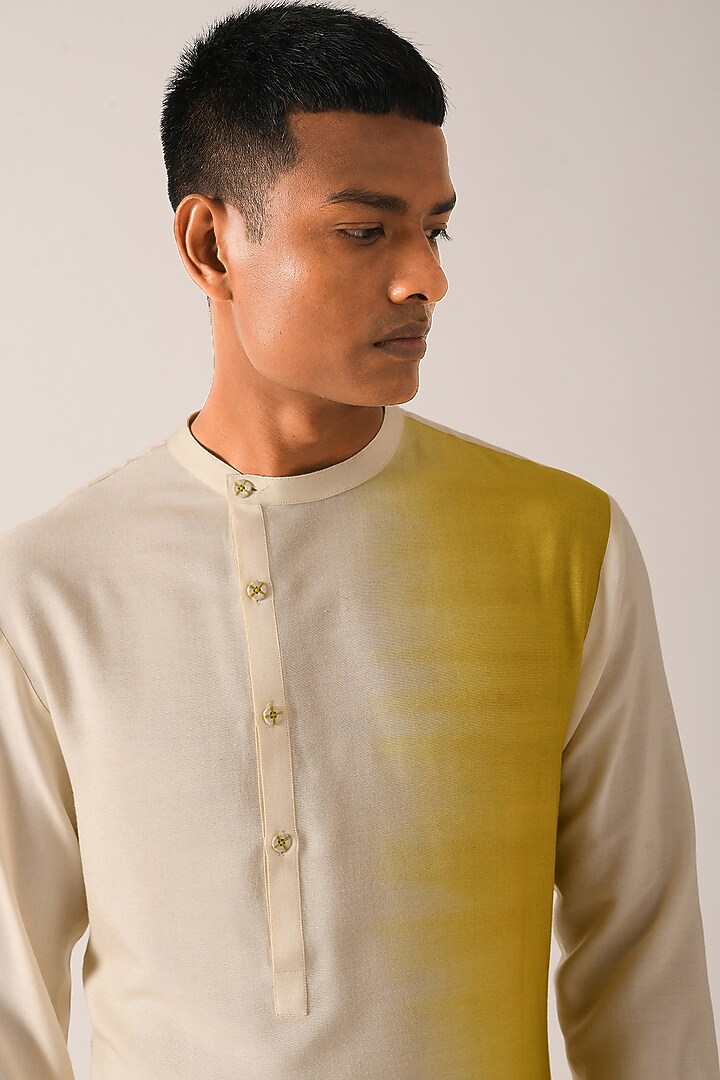 Cream Mustard Cotton Silk Dip-Dye Printed Asymmetric Kurta Set by Dhruv Vaish at Pernia's Pop Up Shop