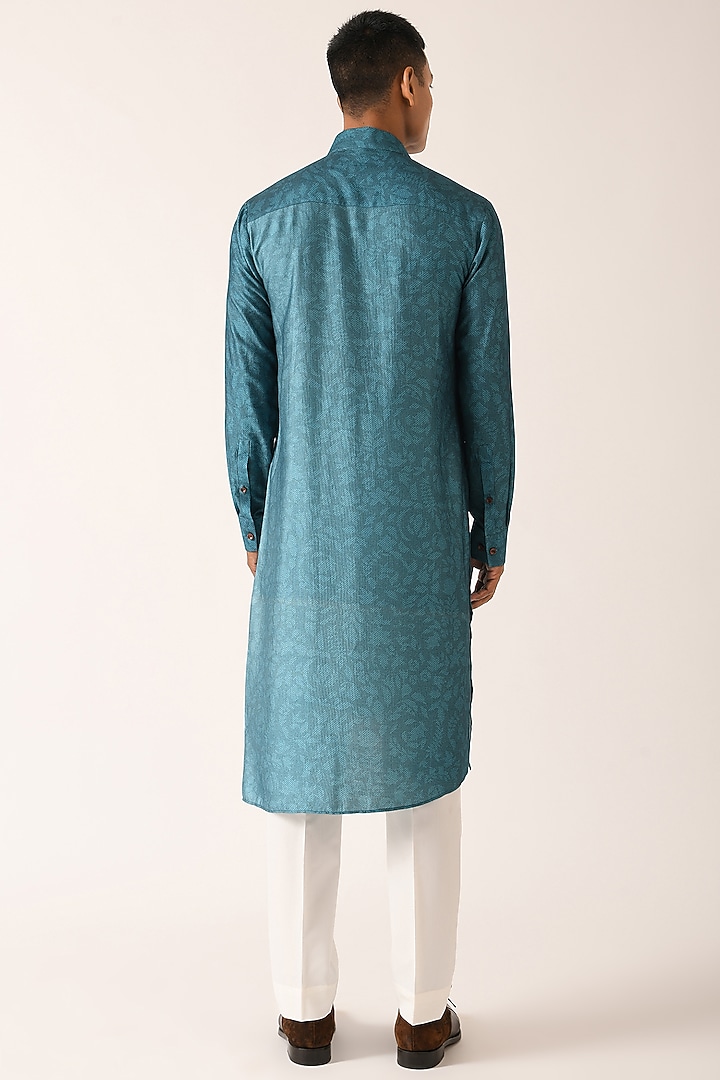 Teal Blue Cotton Silk Printed Asymmetric Kurta Set by Dhruv Vaish at Pernia's Pop Up Shop