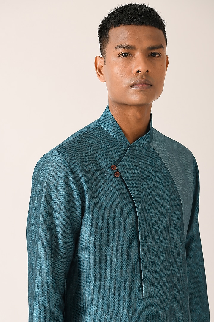 Teal Blue Cotton Silk Printed Asymmetric Kurta Set by Dhruv Vaish at Pernia's Pop Up Shop