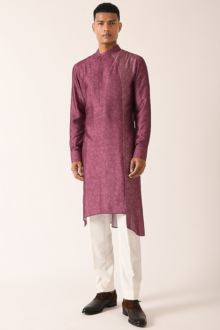 Prune Printed Asymmetrical Paneled Kurta Set by Dhruv Vaish