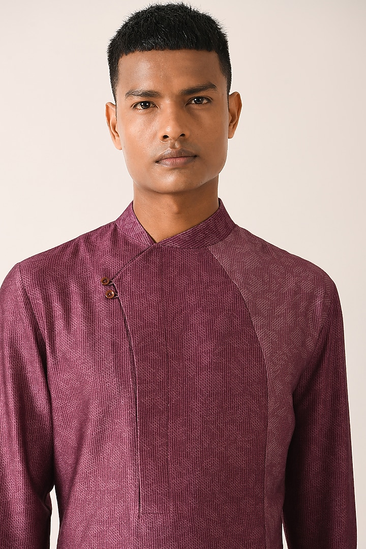 Prune Purple Cotton Silk Asymmetric Paneled Kurta Set by Dhruv Vaish at Pernia's Pop Up Shop