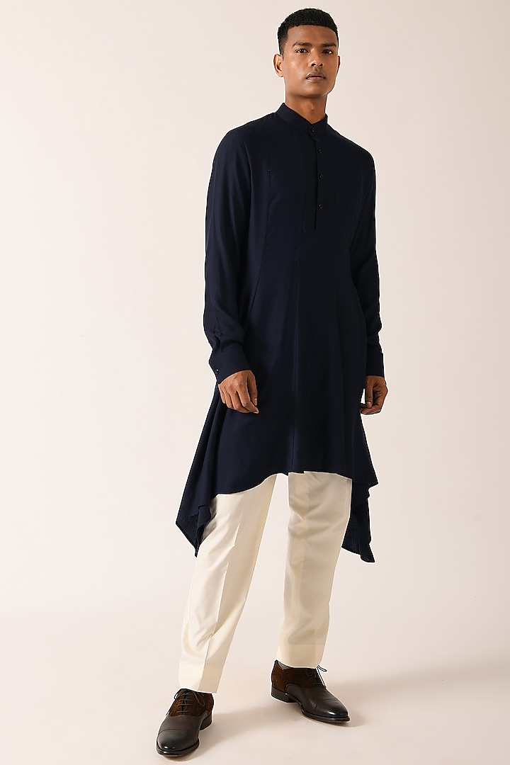 Navy Blue Flared Paneled Kurta Set by Dhruv Vaish