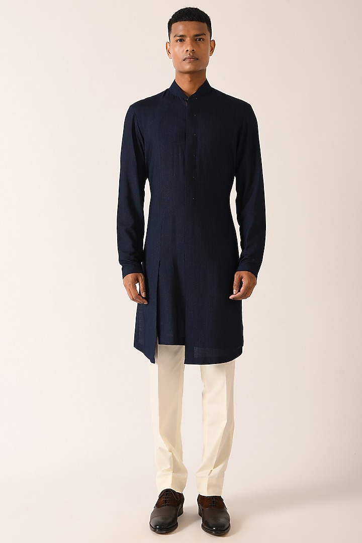 Navy Blue Cotton Silk Kurta Set by Dhruv Vaish