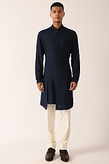 Navy Blue Cotton Silk Kurta Set by Dhruv Vaish-POPULAR PRODUCTS AT STORE